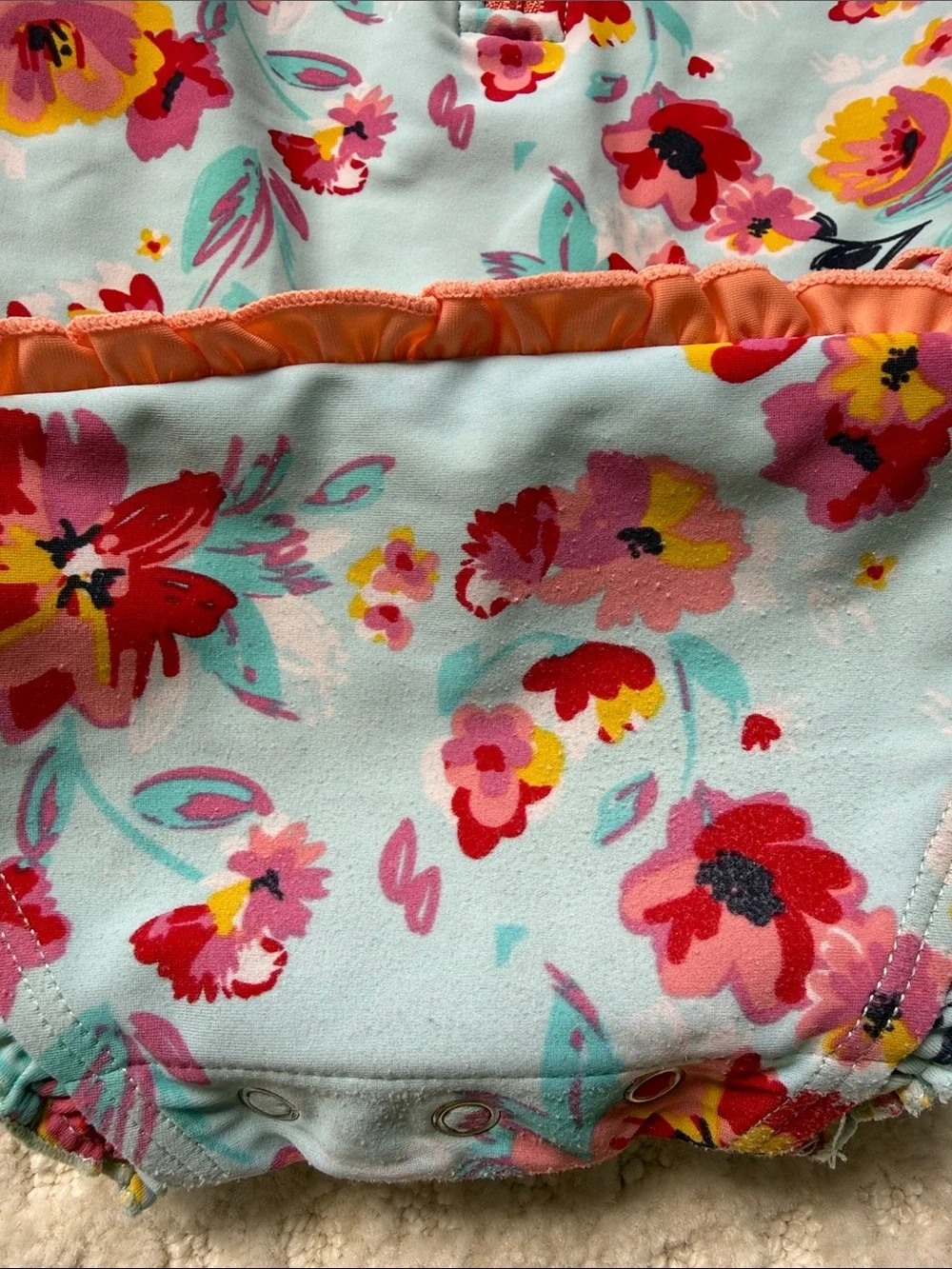 Ruffle Butts Aqua Floral Long-Sleeve Swim One-Piece with Pink and Yellow Flowers